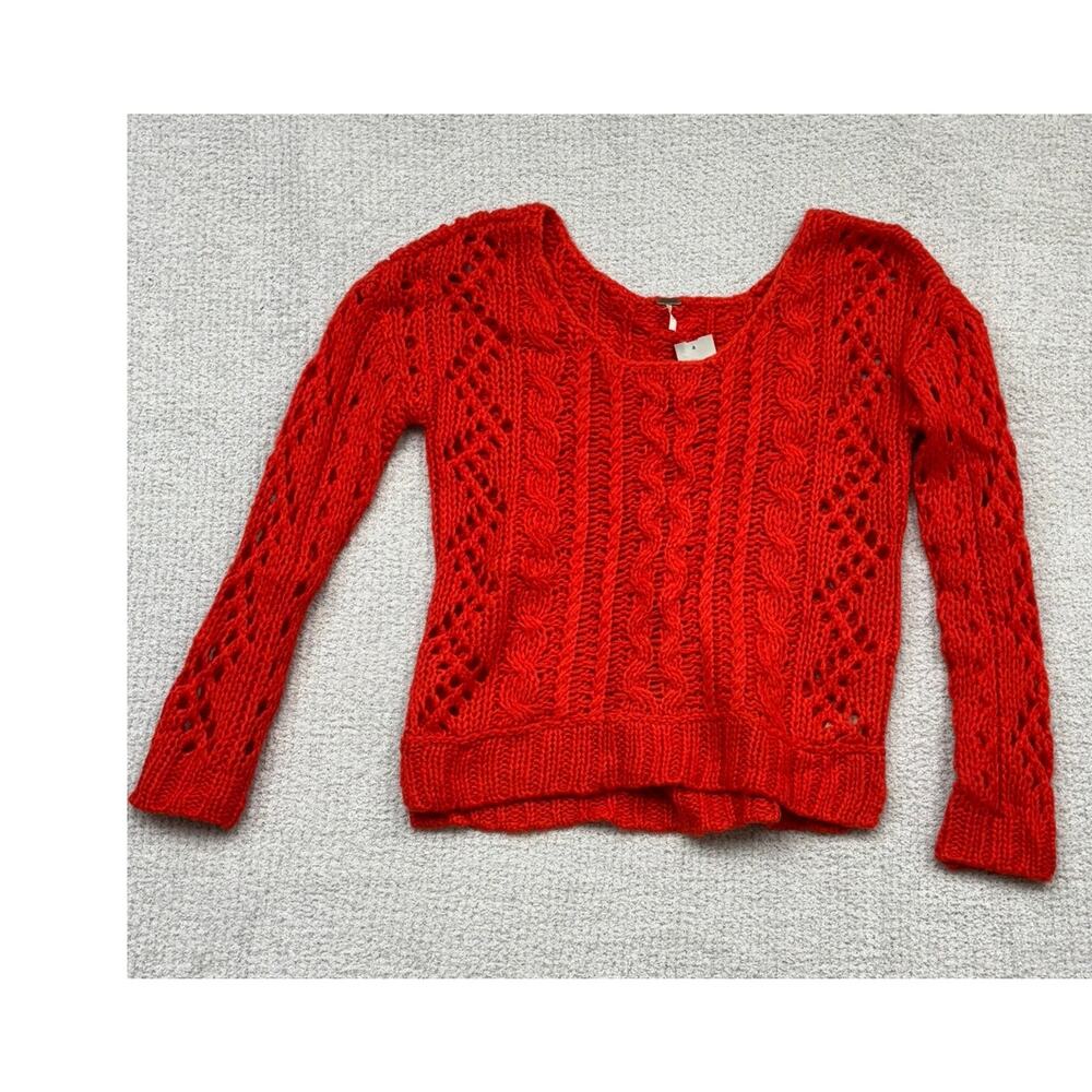 Free People Women's Red Open Weave Long Sleeve Sweater Size M #61332